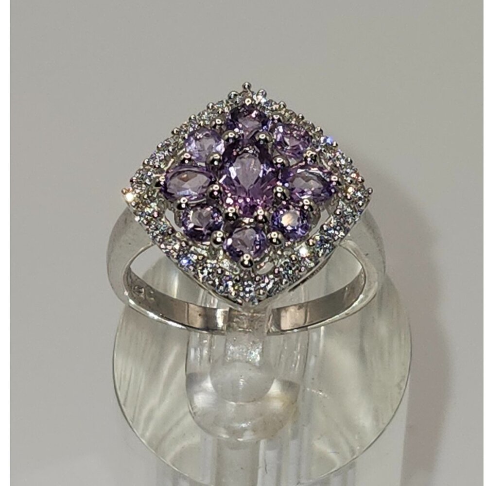 .925 Sterling Silver Natural Amethyst/Cubic Zirconia Ring Size 8 Value $610